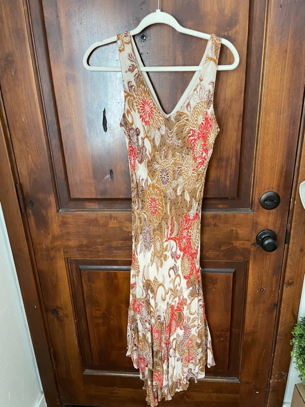 Asymmetrical Floral V-Neck Maxi Dress in Beige, Tan and Coral